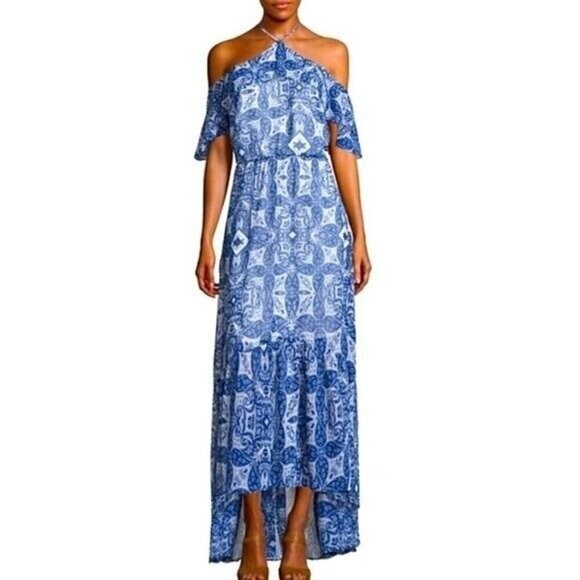 Bella Sky Blue Geometric Boho Halter Top Off Shoulder Hi-Low Maxi Dress size XS - Picture 1 of 5